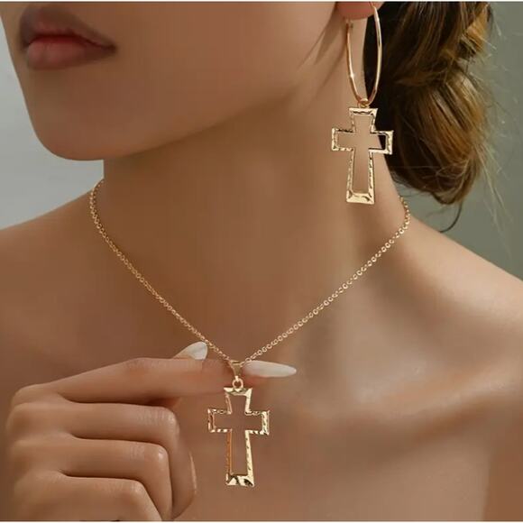 NEW - Set of 3 Gold Cross Necklace Earrings Set, Faith - Picture 1 of 3